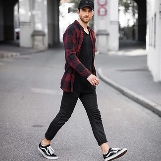 Men's Black Low Top Sneakers, Black Chinos, Black V-neck T-shirt, Red and Black Check Flannel Long Sleeve Shirt
