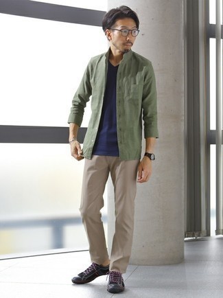 Men's Black Canvas Low Top Sneakers, Beige Chinos, Navy V-neck T-shirt, Olive Long Sleeve Shirt