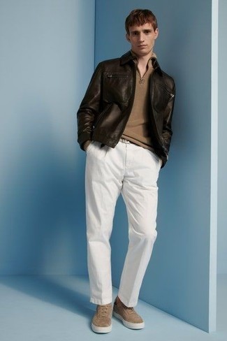 Men's Tan Suede Low Top Sneakers, White Chinos, Tan Zip Neck Sweater, Dark Brown Leather Harrington Jacket