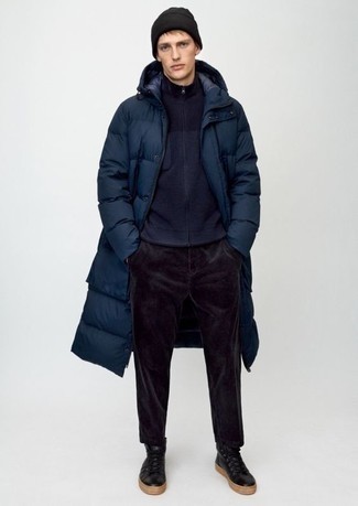 Navy Puffer Coat Outfits For Men: 
