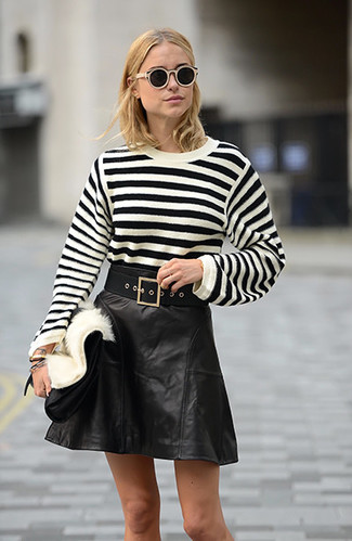 Women's Black Canvas Belt, Black Leather Clutch, Black Leather A-Line Skirt, White and Black Horizontal Striped Crew-neck Sweater