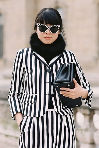 White and Black Vertical Striped Blazer Outfits For Women: 