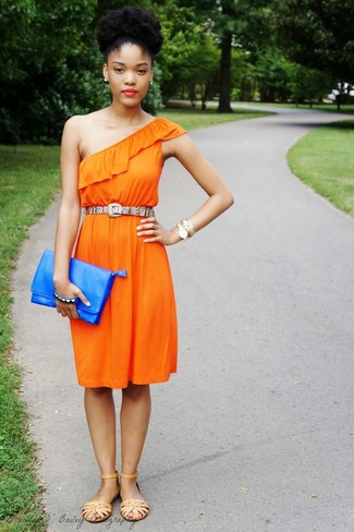 Women's Multi colored Geometric Leather Belt, Blue Leather Clutch, Tan Leather Flat Sandals, Orange Casual Dress