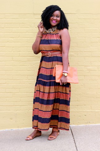 Women's Tan Leather Belt, Orange Leather Clutch, Tan Leather Flat Sandals, Multi colored Horizontal Striped Maxi Dress