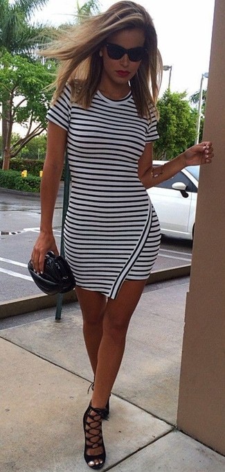 White and Navy Horizontal Striped Bodycon Dress Outfits: 