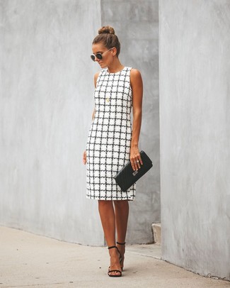 Women's Black and Gold Sunglasses, Black Quilted Leather Clutch, Black Leather Heeled Sandals, White and Black Check Sheath Dress