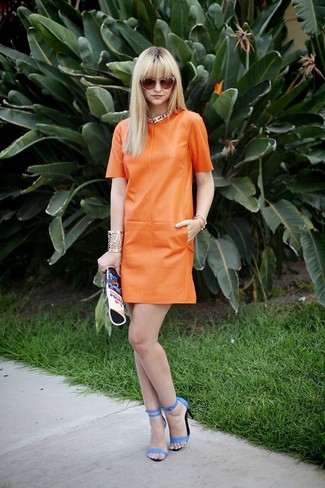 Women's Orange Sunglasses, Blue Print Leather Clutch, Blue Leather Heeled Sandals, Orange Leather Shift Dress