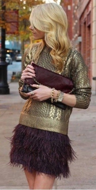 Gold Crew-neck Sweater Outfits For Women: 