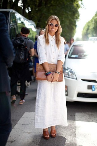 Women's White Sunglasses, Brown Leather Clutch, Tobacco Leather Mules, White Shirtdress