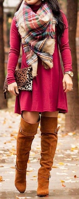 Women's Multi colored Plaid Scarf, Tan Leopard Suede Clutch, Tobacco Suede Over The Knee Boots, Red Casual Dress