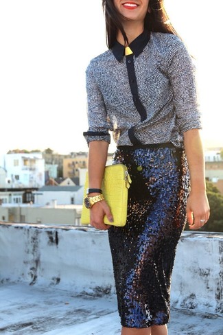 Women's Gold Watch, Yellow Leather Clutch, Black Sequin Pencil Skirt, Black and White Print Dress Shirt