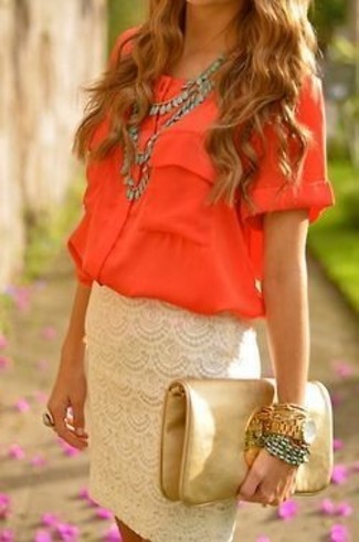Tan Lace Pencil Skirt Outfits: 