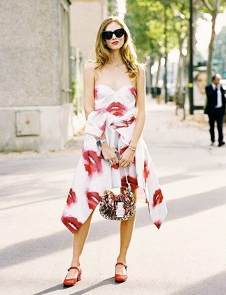 White and Red Print Party Dress Outfits: 