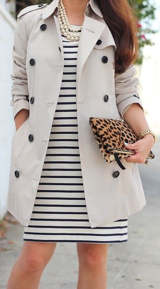 Women's White Pearl Necklace, Brown Leopard Suede Clutch, Black and White Horizontal Striped Sheath Dress, Beige Trenchcoat