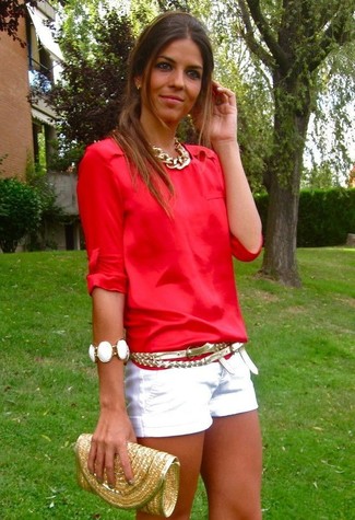 Women's Gold Leather Belt, Gold Straw Clutch, White Shorts, Red Long Sleeve Blouse