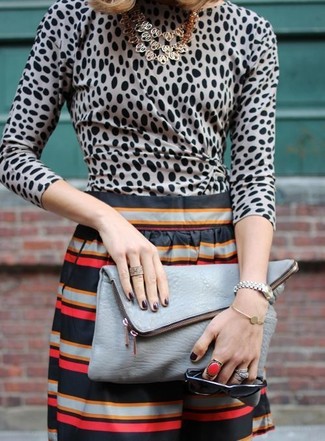 Women's Gold Necklace, Grey Snake Leather Clutch, Black Horizontal Striped Shorts, Grey Leopard Long Sleeve Blouse