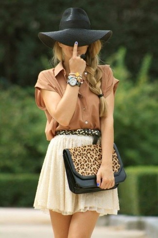 Women's Black Wool Hat, Tan Leopard Leather Clutch, Beige Lace Skater Skirt, Brown Silk Short Sleeve Button Down Shirt