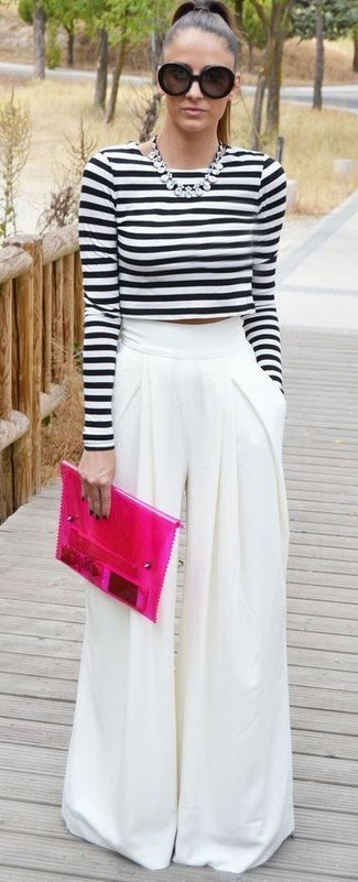 Black and White Horizontal Striped Cropped Top Outfits: 