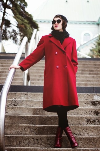 Dress in a red coat to create a proper and refined look. If not sure about what to wear on the footwear front, go with burgundy leather ankle boots.