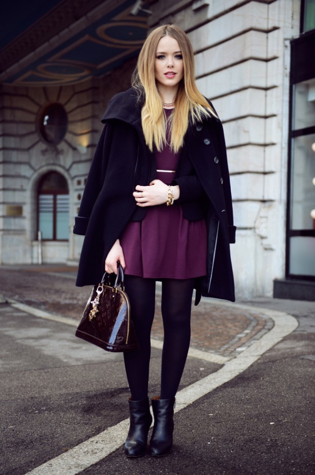 Women\'s Black Coat, Black Blazer, Purple Skater Dress, Black Leather Ankle  Boots | Lookastic