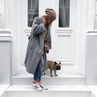 Women's Grey Coat, Blue Ripped Boyfriend Jeans, White and Black Leather Low Top Sneakers, Brown Leather Crossbody Bag
