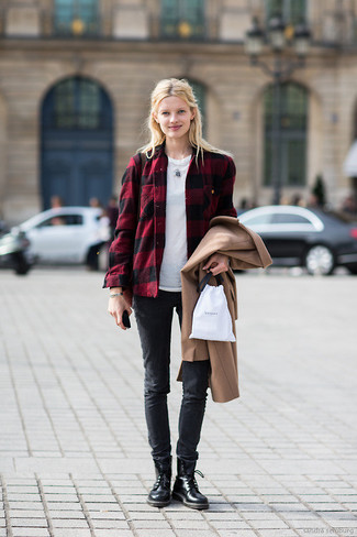 Burgundy Button Down Blouse Outfits: The pairing of a burgundy button down blouse and black skinny jeans makes this a solid casual getup. For something more on the daring side to finish your getup, introduce black leather lace-up flat boots to the mix.