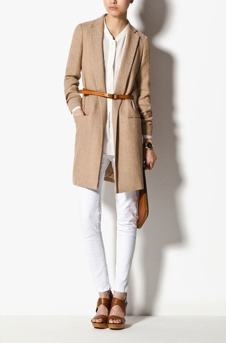 Tobacco Leather Wedge Sandals Outfits: This casual combination of a camel coat and white jeans is extremely easy to throw together in no time flat, helping you look chic and prepared for anything without spending too much time searching through your wardrobe. Tobacco leather wedge sandals are a welcome companion for your look.