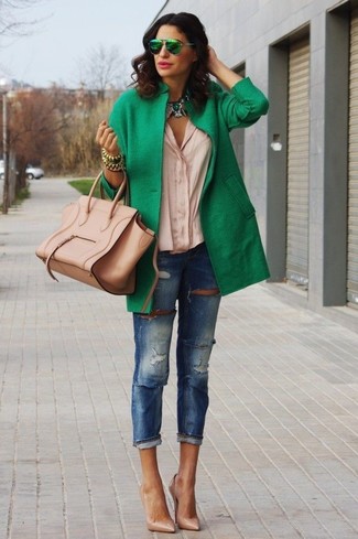 Women's Green Coat, Beige Button Down Blouse, Blue Ripped Skinny Jeans, Tan Leather Pumps
