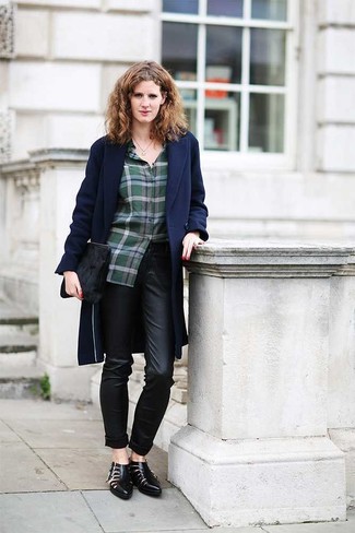 Women's Navy Coat, Dark Green Plaid Button Down Blouse, Black Leather Skinny Pants, Black Cutout Leather Ankle Boots