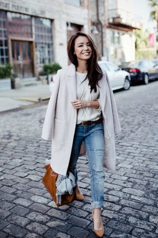 Women's Grey Coat, White Cable Sweater, Blue Ripped Jeans, Tan Suede Pumps