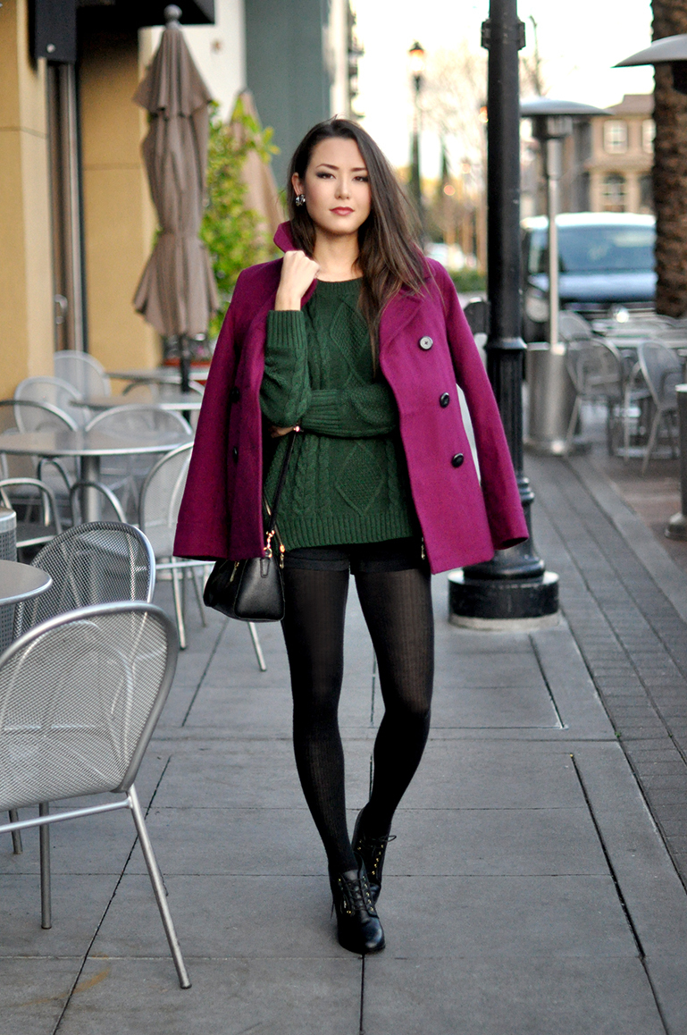 Women s Purple Coat Dark Green Cable Sweater Black Denim Shorts