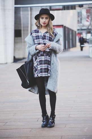 Women's Grey Mohair Coat, Navy and White Plaid Casual Dress, Black Leather Lace-up Flat Boots, Black Leather Tote Bag
