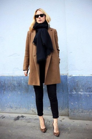 Women's Brown Coat, Navy Chinos, Brown Leopard Leather Pumps, Black Cotton Scarf