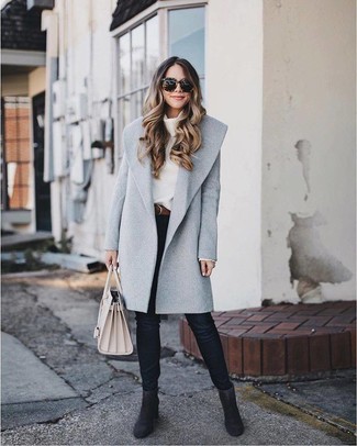 Women's Grey Coat, White Cowl-neck Sweater, Black Skinny Jeans, Black Suede Ankle Boots