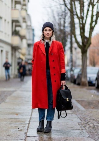 Black Earrings Cold Weather Outfits: Show off your sartorial savvy in this laid-back combo of a red coat and black earrings. Put an elegant spin on an otherwise standard outfit by rocking black chunky leather ankle boots.