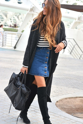 Over The Knee Boots Outfits: Stand out among other girls in a charcoal knit coat and a blue denim button skirt. Change up this outfit with over the knee boots.