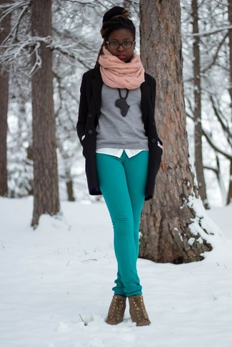 Teal Skinny Pants with Brown Suede Lace-up Ankle Boots Outfits (2 ideas &  outfits)