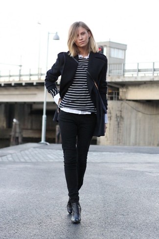 Women's Black Coat, Black and White Horizontal Striped Crew-neck Sweater, White Dress Shirt, Black Skinny Jeans