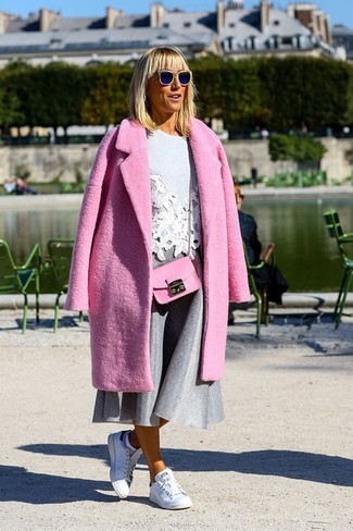 Hot Pink Leather Crossbody Bag Outfits: The best foundation for casual style? A hot pink coat with a hot pink leather crossbody bag. White leather low top sneakers will never go out of style.