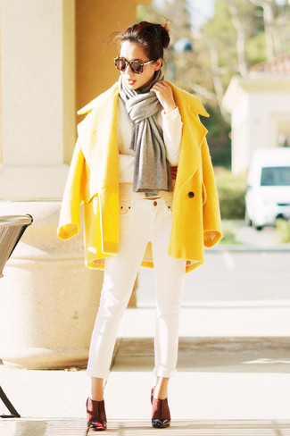 Women's Yellow Coat, White Crew-neck Sweater, White Jeans, Burgundy Leather Pumps