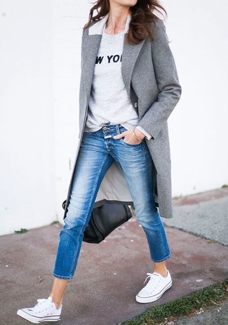Women's Grey Coat, White and Black Print Crew-neck Sweater, Blue Jeans, White Canvas Low Top Sneakers