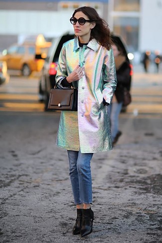 Alexa Chung wearing Silver Coat, Black Crew-neck Sweater, Blue Jeans, Black Leather Ankle Boots