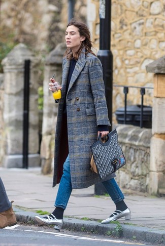 Alexa Chung wearing Grey Plaid Coat, Navy Crew-neck Sweater, Blue Jeans, Silver Leather Pumps