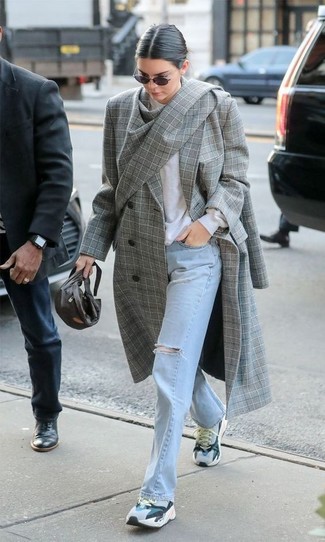 Kendall Jenner wearing Grey Plaid Coat, White Crew-neck Sweater, Light Blue Ripped Jeans, Grey Athletic Shoes