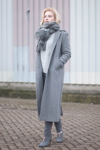 Charcoal Coat Outfits For Women: Wear a charcoal coat with grey jeans if you seek to look casually stylish without making too much effort. If you're puzzled as to how to round off, a pair of grey suede ankle boots is a fail-safe option.