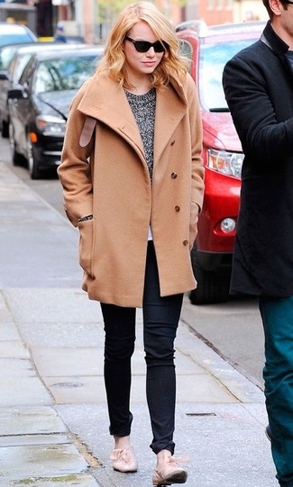 Emma Stone wearing Camel Coat, Grey Crew-neck Sweater, Black Jeans, Beige Leather Loafers