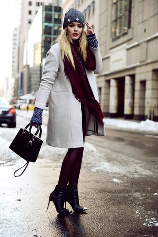 416 Winter Outfits For Women: The versatility of a grey coat and burgundy leather leggings ensures you'll always have them on regular rotation in your closet. A pair of black leather ankle boots easily dials up the oomph factor of this outfit. Planning a standout getup can be a bit difficult at times on its own. Add subzero temperatures into the equation, and the whole thing becomes all the more difficult. Fear not, this here is your winter style inspiration.