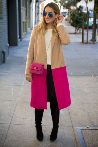 Women's Hot Pink Coat, White Crew-neck Sweater, Black Leather Leggings, Black Suede Knee High Boots
