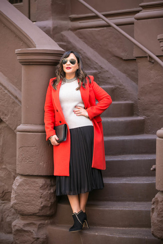 Women's Red Coat, White Crew-neck Sweater, Black Pleated Midi Skirt, Black Suede Ankle Boots