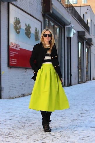 Green-Yellow Pleated Midi Skirt Outfits: Go for a simple yet edgy and casual outfit by teaming a black coat and a green-yellow pleated midi skirt. The whole look comes together when you complement your look with black leather ankle boots.